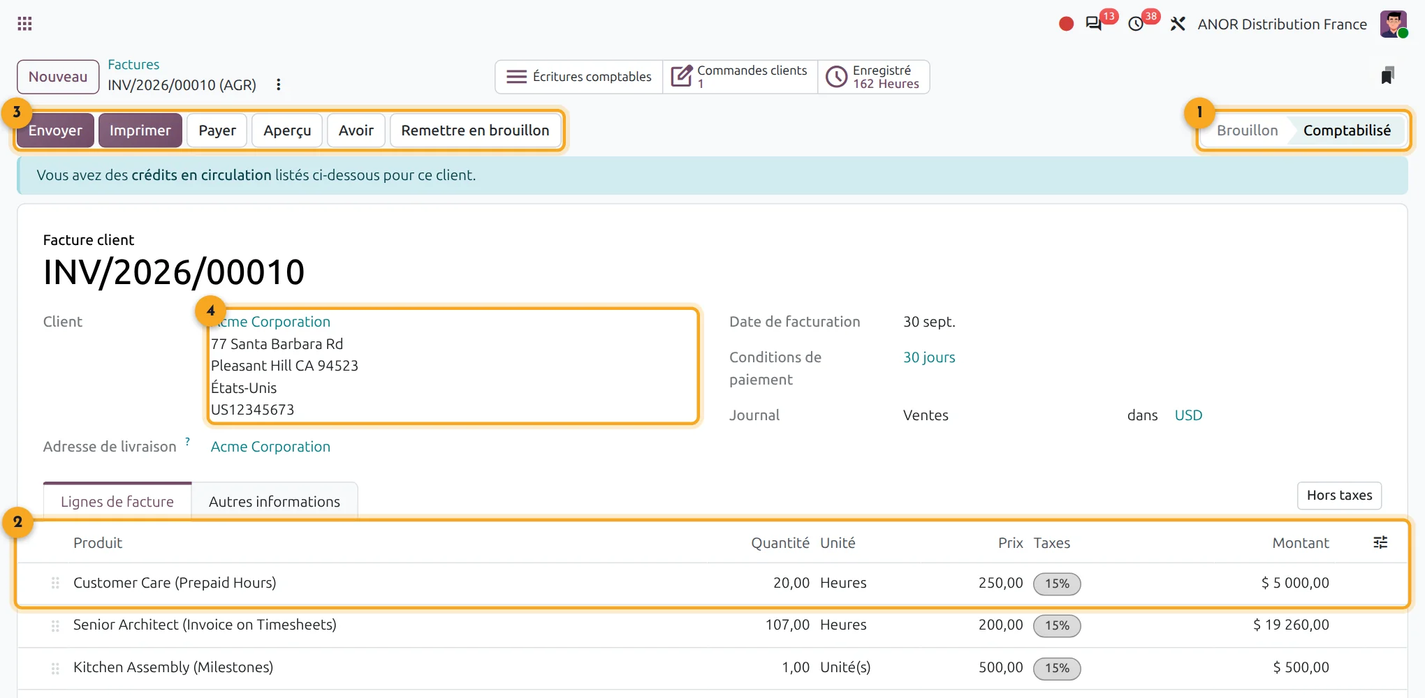 Facture client dans Odoo 20 Comptabilité Écran Odoo 20 Comptabilité : facture client comptabilisée avec statut, lignes de facture et boutons d'action