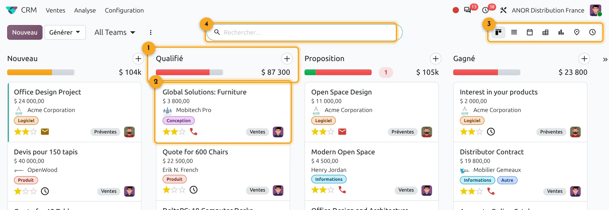 Pipeline CRM dans Odoo 20 Écran Odoo 20 CRM : pipeline en vue Kanban avec étape Qualifié, fiche d'opportunité et sélecteur de vues