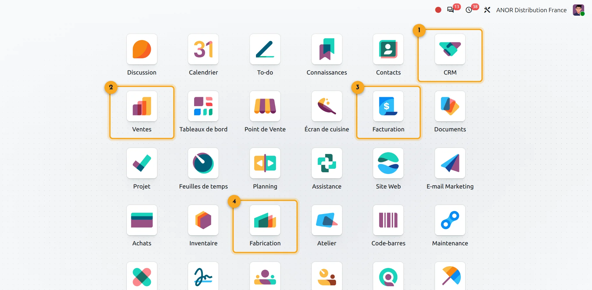 Écran d'accueil Odoo 20 avec les icônes des applications CRM, Ventes, Facturation, Fabrication et les autres