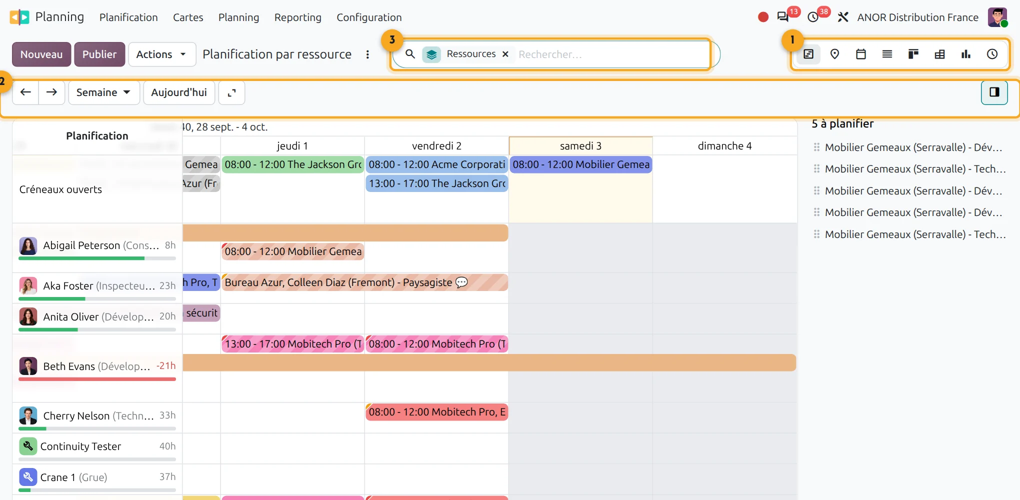 Planification des interventions dans Odoo 20 Écran Odoo 20 Planning : planification par ressource en vue Gantt, créneaux par technicien et par jour