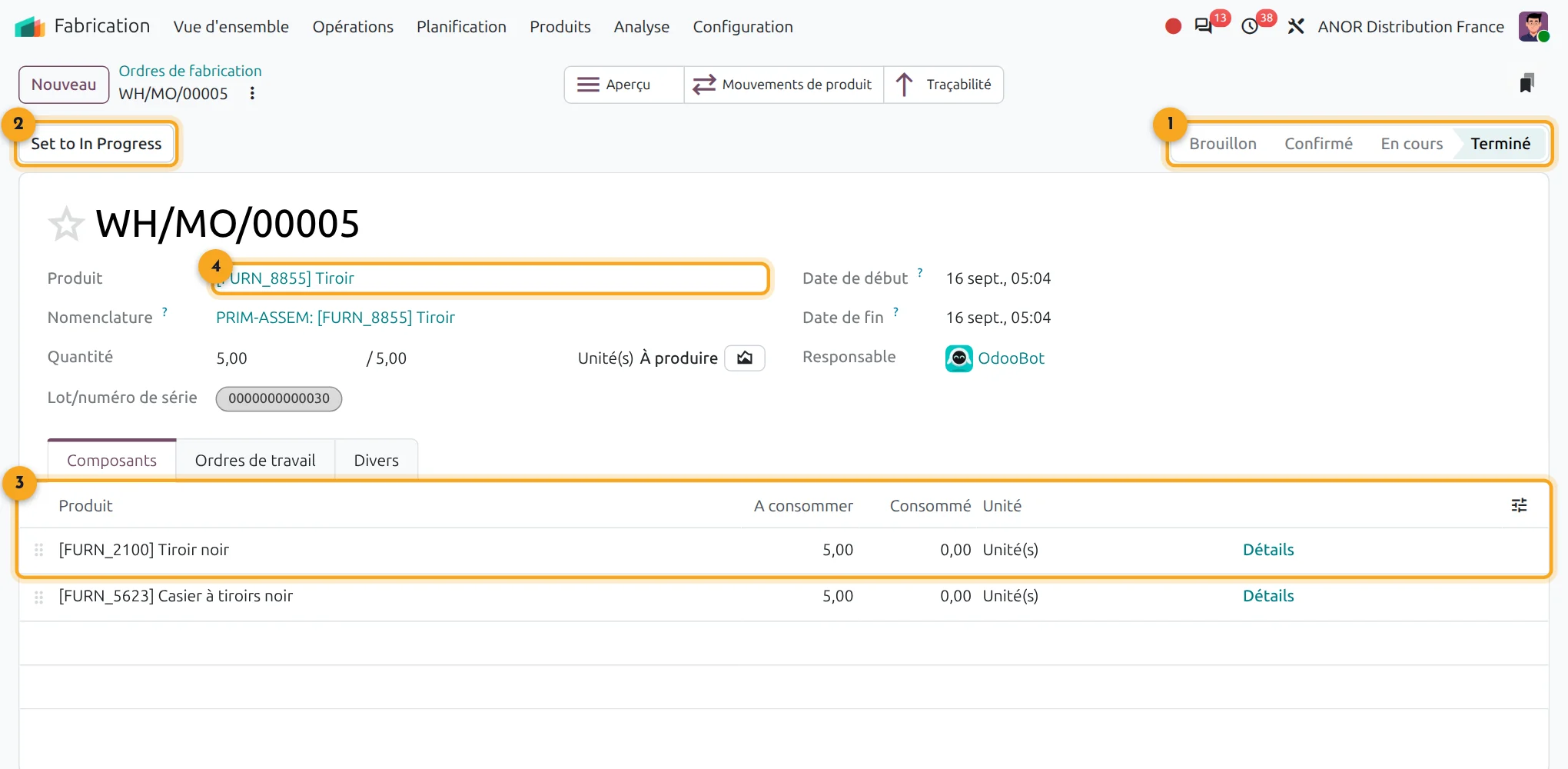Écran Odoo 20 Fabrication : ordre de fabrication avec statut, boutons d'action, composants à consommer et produit fabriqué