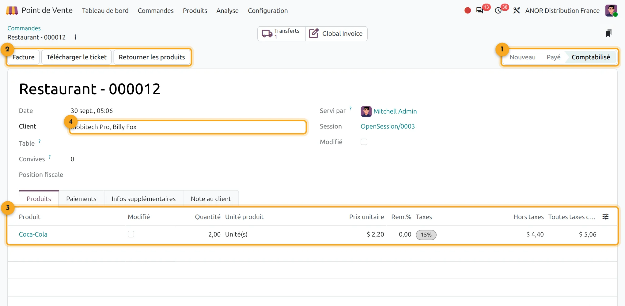Commande de caisse dans Odoo 20 Écran Odoo 20 Point de vente : commande de caisse avec statut, boutons d'action, lignes du ticket et client
