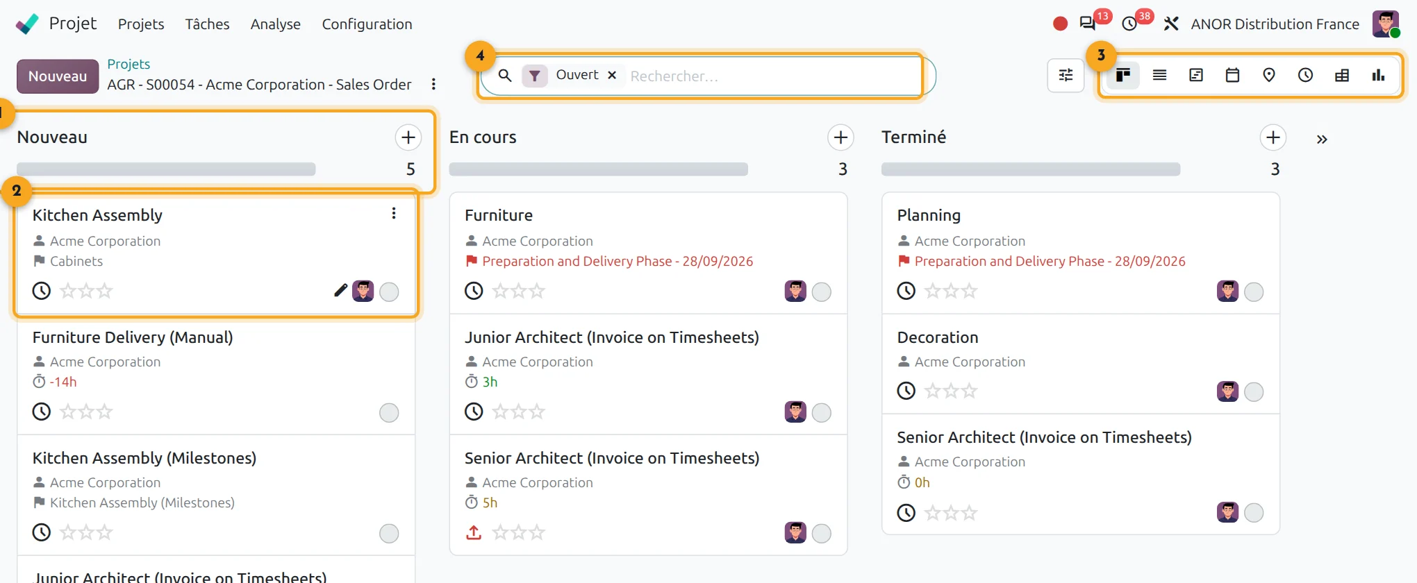 Écran Odoo 20 Projet : tableau Kanban des tâches avec colonne Nouveau, carte de tâche et sélecteur de vues
