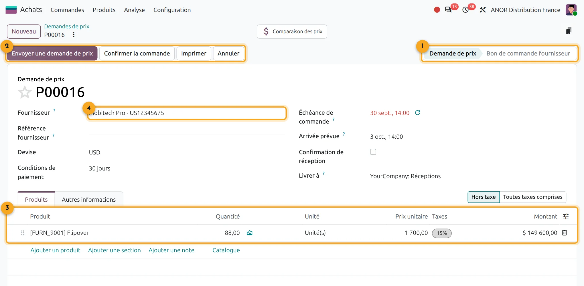 Bon de commande dans Odoo 20 Achats Écran Odoo 20 Achats : bon de commande fournisseur avec statut, lignes reçues et facturées, boutons d'action