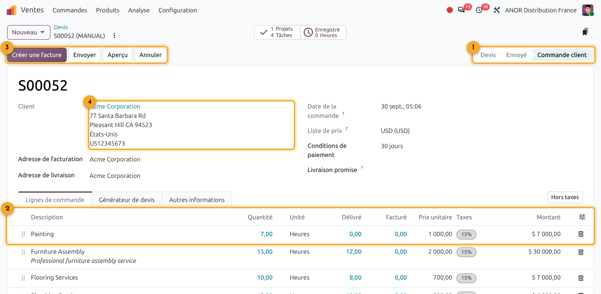 Devis dans Odoo 20 Ventes Écran Odoo 20 Ventes : devis avec statut, lignes de commande, boutons d'action et fiche client
