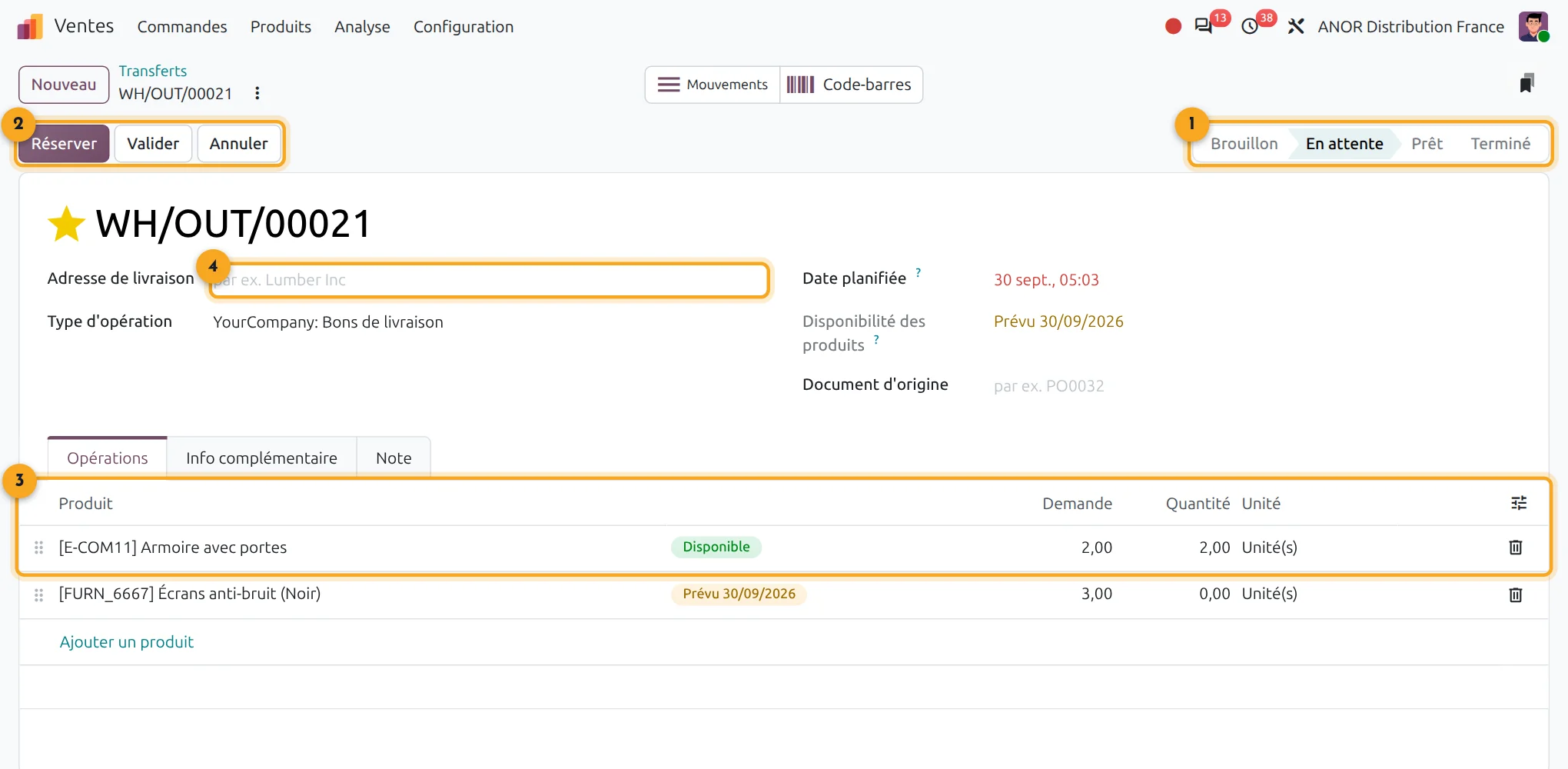 Bon de livraison dans Odoo 20 Inventaire Écran Odoo 20 Inventaire : bon de livraison avec statut, bouton Valider, lignes d'opérations et adresse de livraison